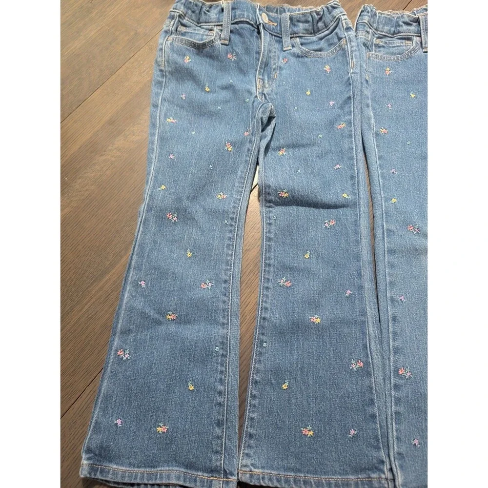 2 Pairs Old Navy Girl's Flare Jeans Size 7 Floral Embroidered Adjustable Waist